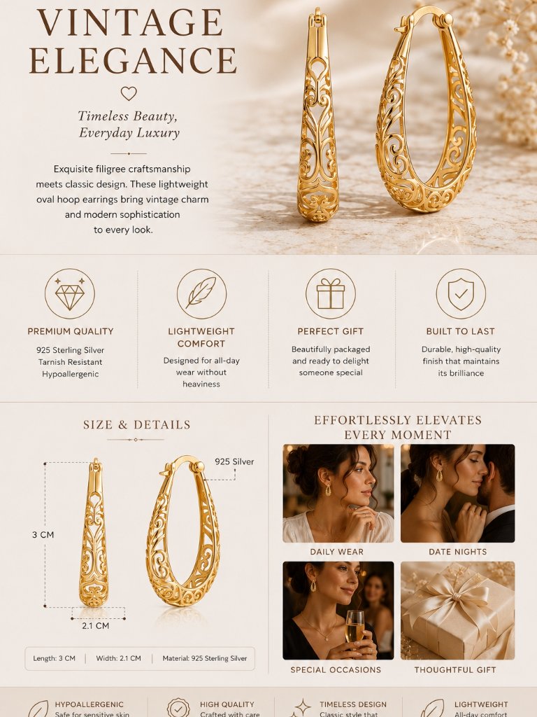 14k Gold Over Sterling Silver Vintage Filigree Hoop Earrings